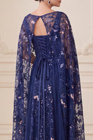 Load image into Gallery viewer, Sparkly Navy A Line Sequin Floral Long Mother of the Bride Dress with Cape