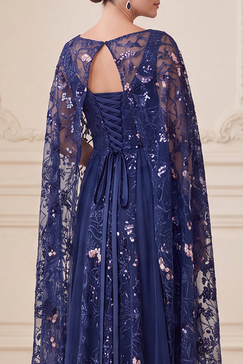 Load image into Gallery viewer, Sparkly Navy A Line Sequin Floral Long Mother of the Bride Dress with Cape
