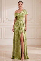 Load image into Gallery viewer, Green A Line Floral Asymmetrical Neck Long Mother of the Bride Dress with Slit