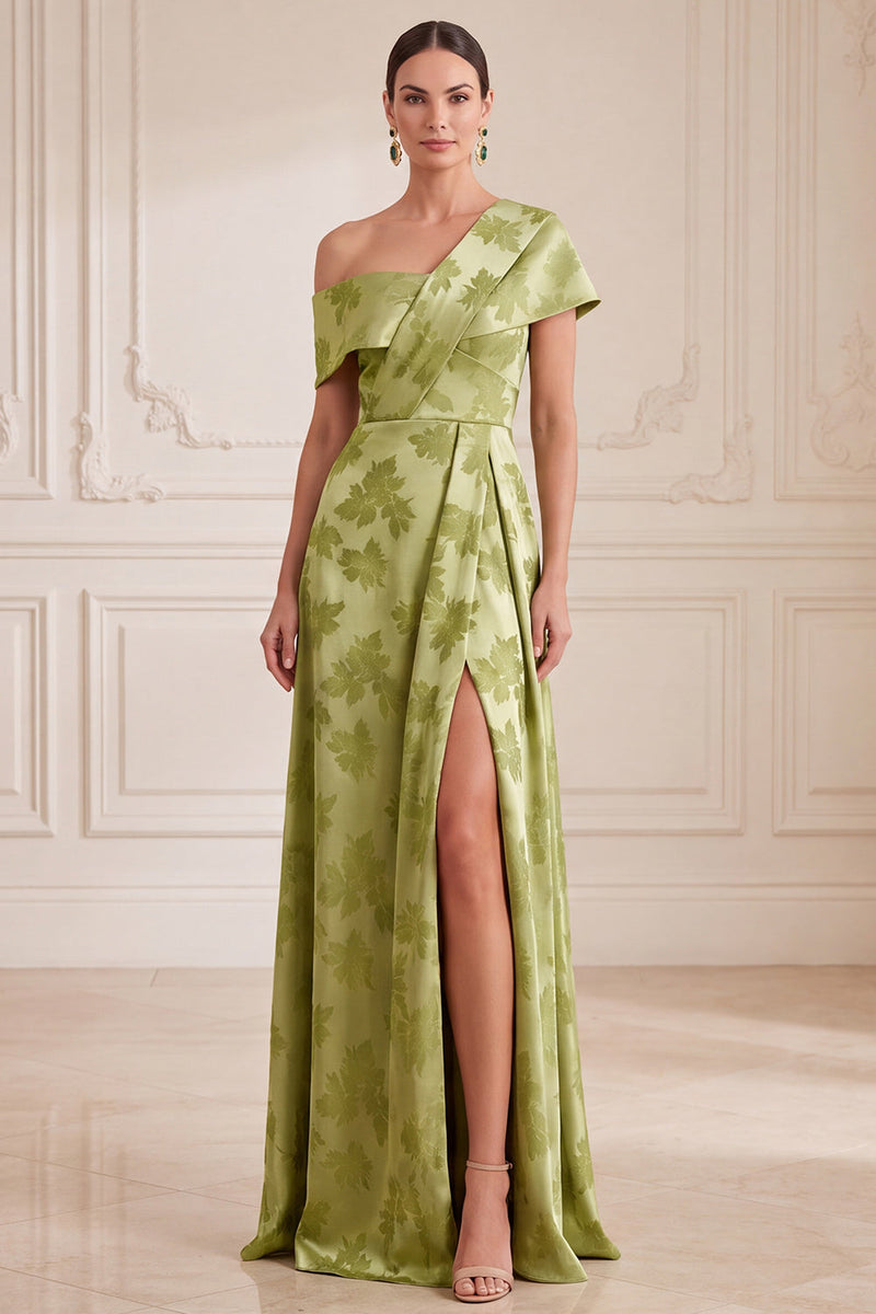 Load image into Gallery viewer, Green A Line Floral Asymmetrical Neck Long Mother of the Bride Dress with Slit
