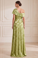 Load image into Gallery viewer, Green A Line Floral Asymmetrical Neck Long Mother of the Bride Dress with Slit