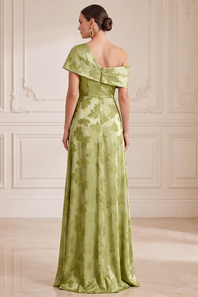 Load image into Gallery viewer, Green A Line Floral Asymmetrical Neck Long Mother of the Bride Dress with Slit