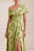 Load image into Gallery viewer, Green A Line Floral Asymmetrical Neck Long Mother of the Bride Dress with Slit