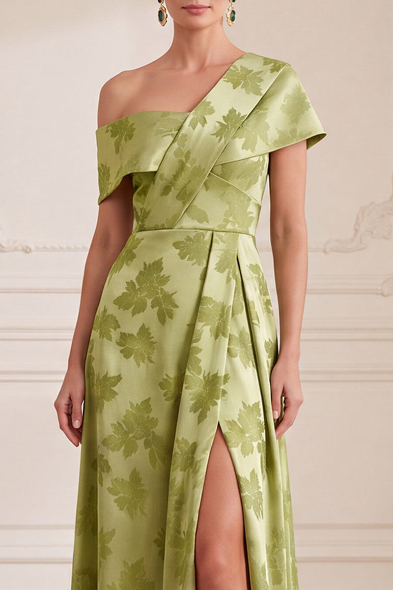 Load image into Gallery viewer, Green A Line Floral Asymmetrical Neck Long Mother of the Bride Dress with Slit
