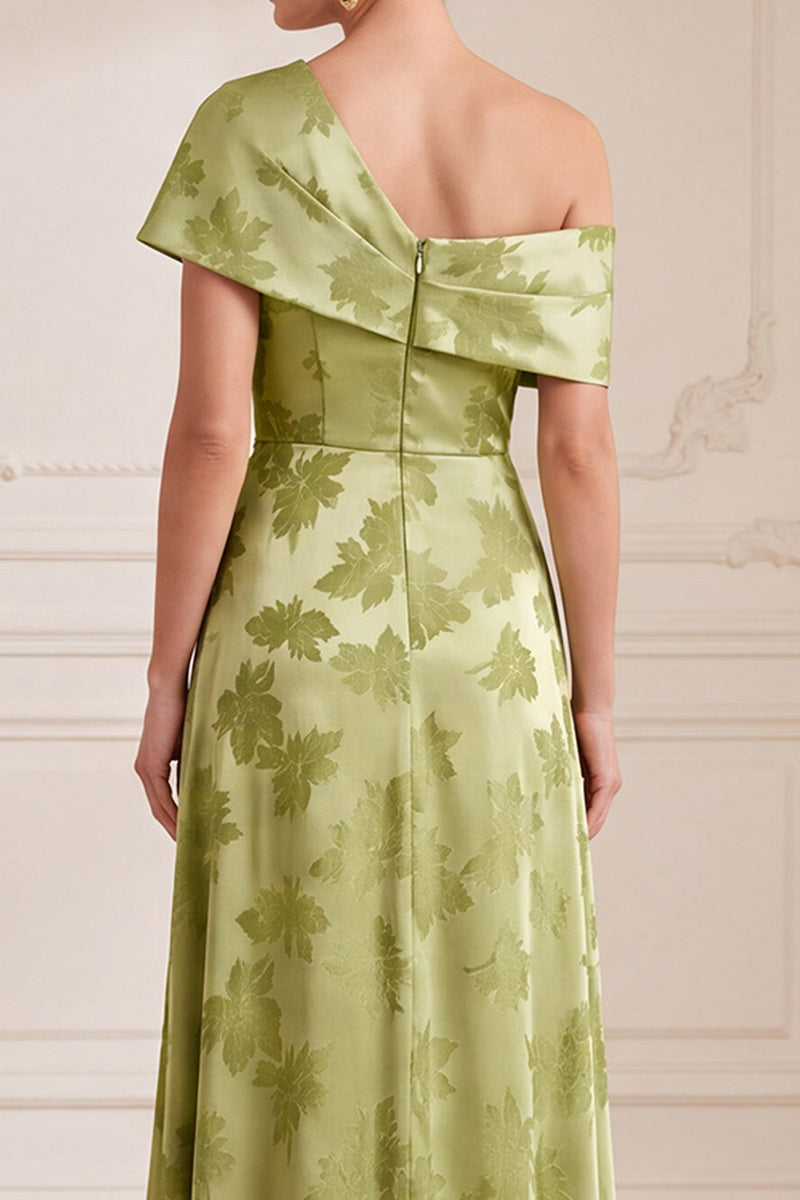 Load image into Gallery viewer, Green A Line Floral Asymmetrical Neck Long Mother of the Bride Dress with Slit