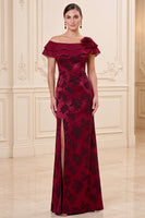 Load image into Gallery viewer, Burgundy Sheath Floral Ruffled Tiered Long Mother of the Bride Dress with Slit