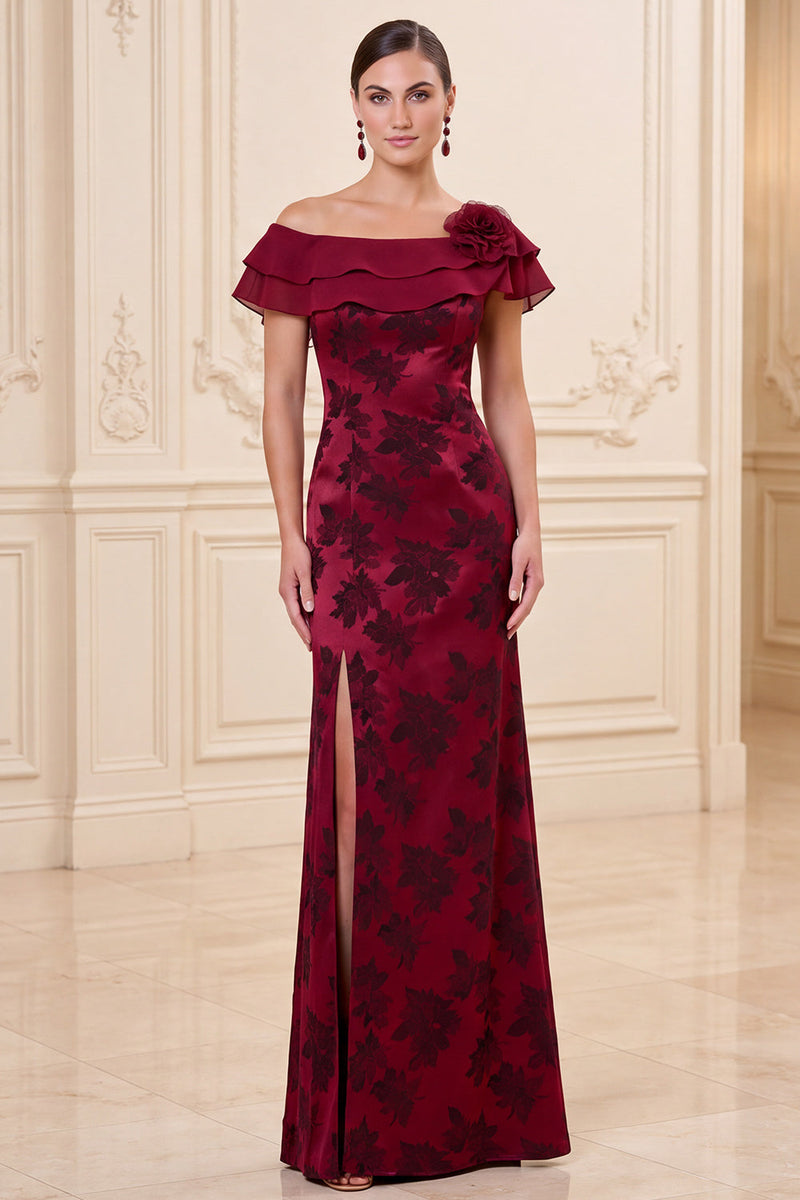 Load image into Gallery viewer, Burgundy Sheath Floral Ruffled Tiered Long Mother of the Bride Dress with Slit