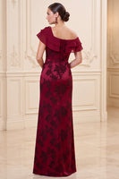 Load image into Gallery viewer, Burgundy Sheath Floral Ruffled Tiered Long Mother of the Bride Dress with Slit