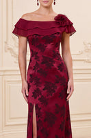 Load image into Gallery viewer, Burgundy Sheath Floral Ruffled Tiered Long Mother of the Bride Dress with Slit