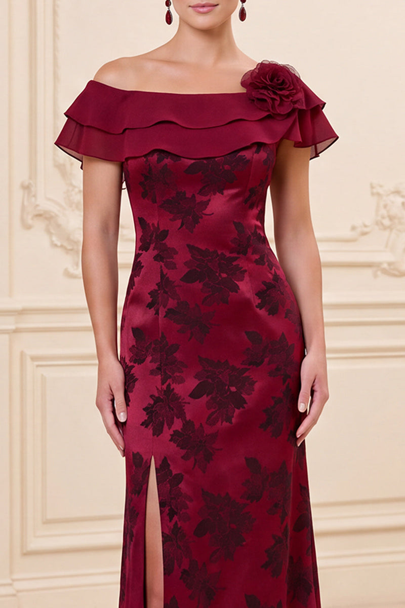 Load image into Gallery viewer, Burgundy Sheath Floral Ruffled Tiered Long Mother of the Bride Dress with Slit