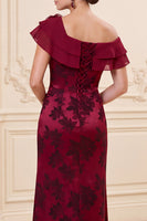 Load image into Gallery viewer, Burgundy Sheath Floral Ruffled Tiered Long Mother of the Bride Dress with Slit