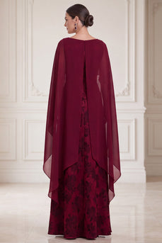 A Line Burgundy Floral Long Mother of the Bride Dress with Cape