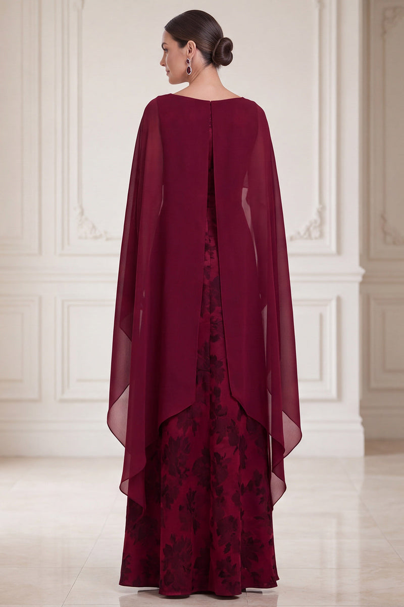 Load image into Gallery viewer, A Line Burgundy Floral Long Mother of the Bride Dress with Cape