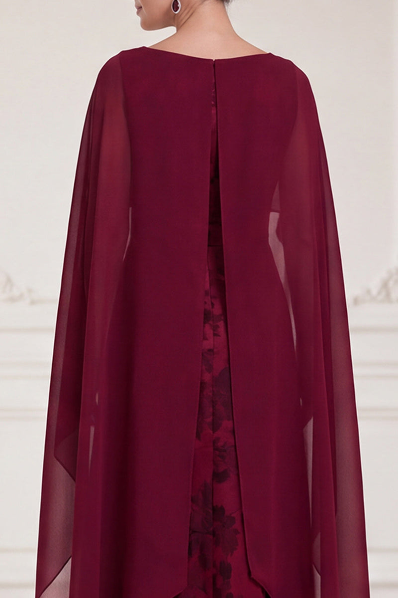 Load image into Gallery viewer, A Line Burgundy Floral Long Mother of the Bride Dress with Cape