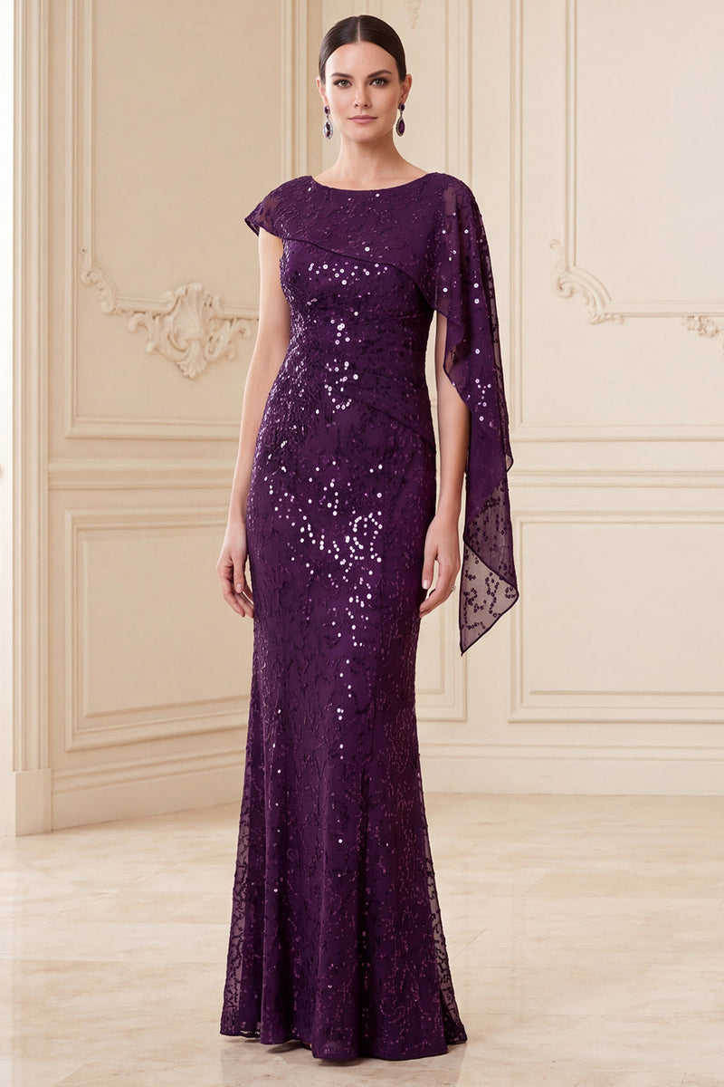 Load image into Gallery viewer, Sparkly Sequin Dark Purple Mermaid Long Mother of the Bride Dress with Side Cape