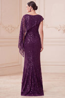 Load image into Gallery viewer, Sparkly Sequin Dark Purple Mermaid Long Mother of the Bride Dress with Side Cape