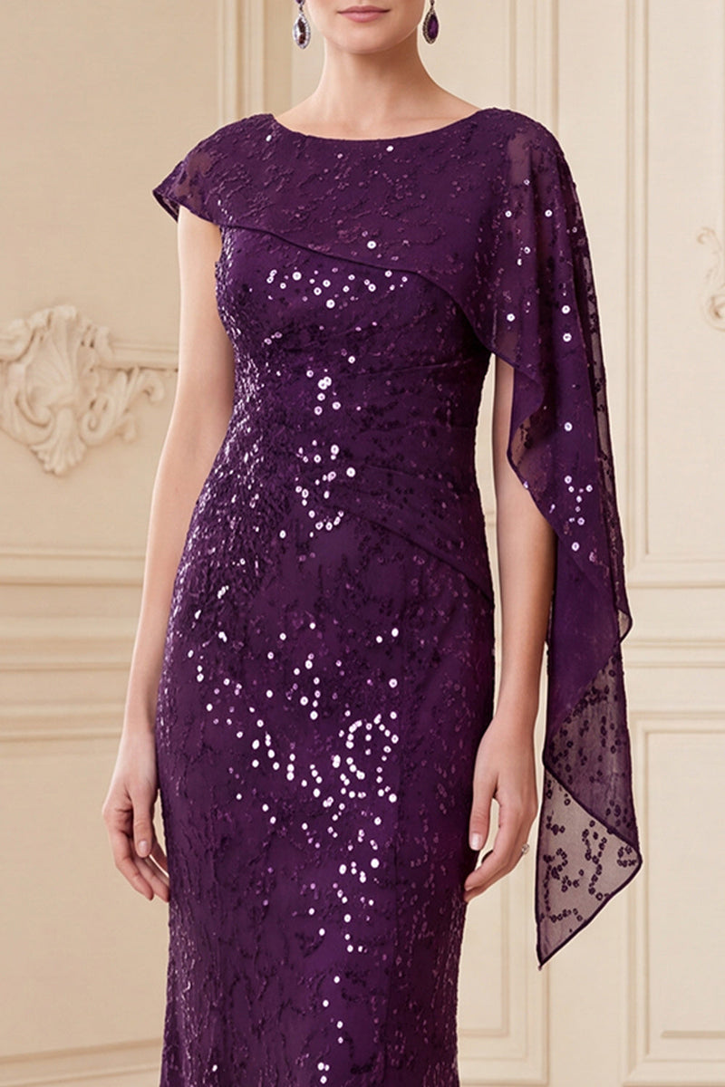 Load image into Gallery viewer, Sparkly Sequin Dark Purple Mermaid Long Mother of the Bride Dress with Side Cape