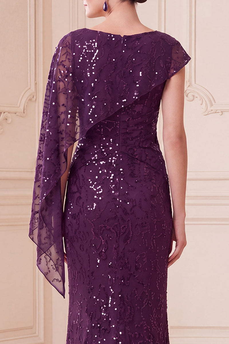 Load image into Gallery viewer, Sparkly Sequin Dark Purple Mermaid Long Mother of the Bride Dress with Side Cape