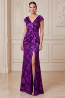 Load image into Gallery viewer, Mermaid Dark Purple Floral Ruched Long Mother of the Bride Dress with Slit