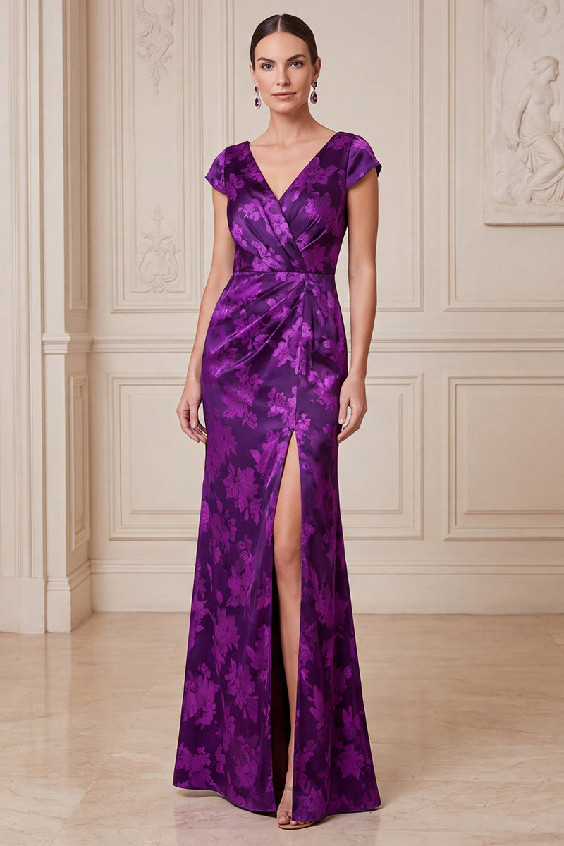 Load image into Gallery viewer, Mermaid Dark Purple Floral Ruched Long Mother of the Bride Dress with Slit