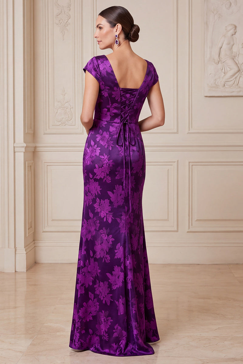 Load image into Gallery viewer, Mermaid Dark Purple Floral Ruched Long Mother of the Bride Dress with Slit