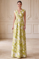 Load image into Gallery viewer, A Line Green Ruched Floral V-Neck Long Mother of the Bride Dress