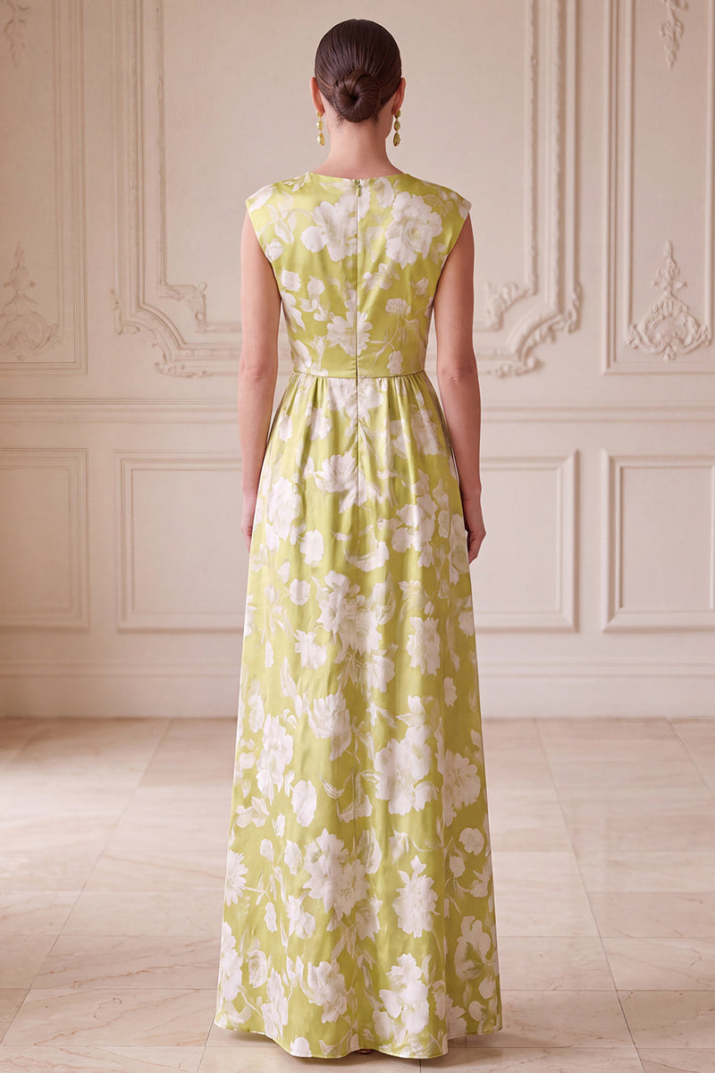 Load image into Gallery viewer, A Line Green Ruched Floral V-Neck Long Mother of the Bride Dress
