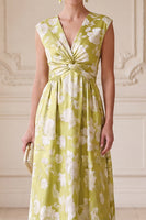 Load image into Gallery viewer, A Line Green Ruched Floral V-Neck Long Mother of the Bride Dress
