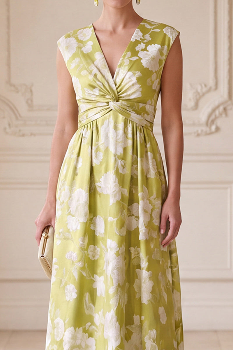 Load image into Gallery viewer, A Line Green Ruched Floral V-Neck Long Mother of the Bride Dress