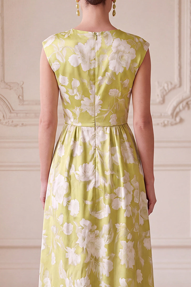 Load image into Gallery viewer, A Line Green Ruched Floral V-Neck Long Mother of the Bride Dress