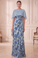 Load image into Gallery viewer, Grey Blue Ruched Sheath Floral Long Mother of the Bride Dress with Cape