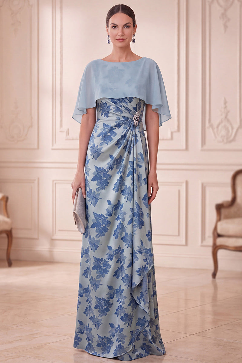 Load image into Gallery viewer, Grey Blue Ruched Sheath Floral Long Mother of the Bride Dress with Cape
