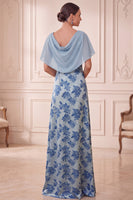 Load image into Gallery viewer, Grey Blue Ruched Sheath Floral Long Mother of the Bride Dress with Cape