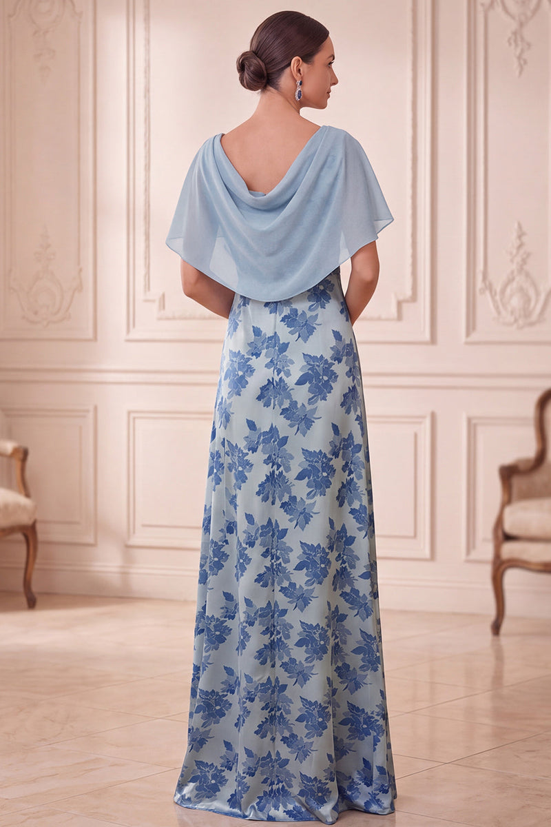 Load image into Gallery viewer, Grey Blue Ruched Sheath Floral Long Mother of the Bride Dress with Cape