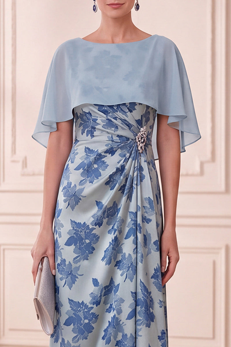Load image into Gallery viewer, Grey Blue Ruched Sheath Floral Long Mother of the Bride Dress with Cape