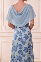 Load image into Gallery viewer, Grey Blue Ruched Sheath Floral Long Mother of the Bride Dress with Cape