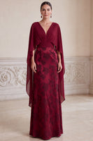 Load image into Gallery viewer, Sheath Burgundy Flora Ruched V-Neck Long Mother of the Bride Dress with Cape