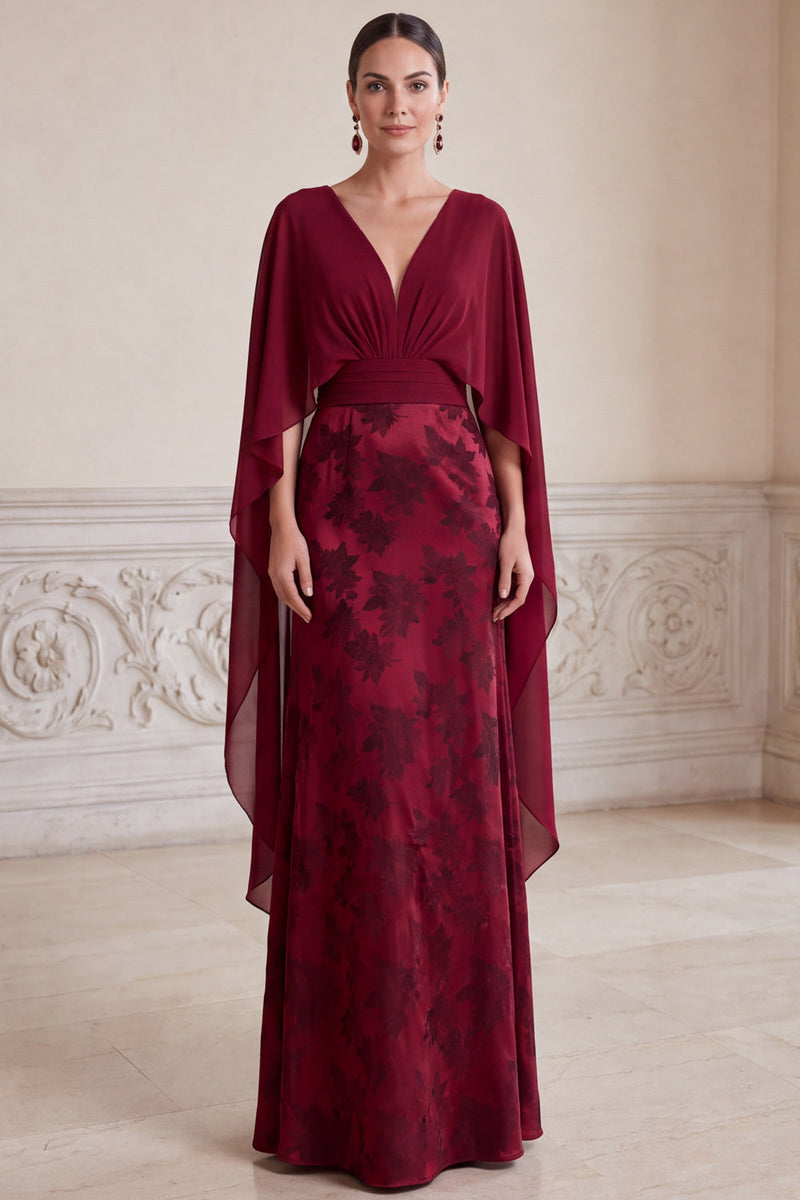 Load image into Gallery viewer, Sheath Burgundy Flora Ruched V-Neck Long Mother of the Bride Dress with Cape