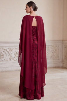 Sheath Burgundy Flora Ruched V-Neck Long Mother of the Bride Dress with Cape