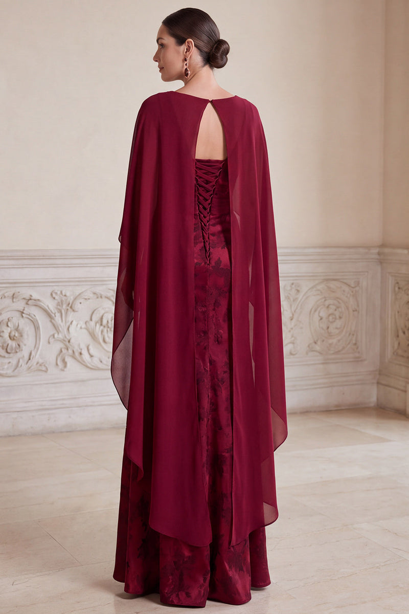 Load image into Gallery viewer, Sheath Burgundy Flora Ruched V-Neck Long Mother of the Bride Dress with Cape