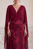 Load image into Gallery viewer, Sheath Burgundy Flora Ruched V-Neck Long Mother of the Bride Dress with Cape