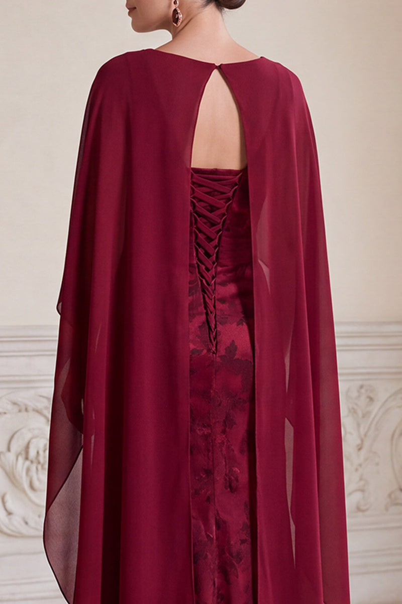 Load image into Gallery viewer, Sheath Burgundy Flora Ruched V-Neck Long Mother of the Bride Dress with Cape