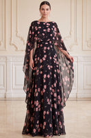 Load image into Gallery viewer, A Line Black Pink Flower Chiffon Long Mother of the Bride Dress with Cape