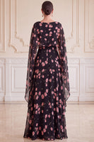 Load image into Gallery viewer, A Line Black Pink Flower Chiffon Long Mother of the Bride Dress with Cape