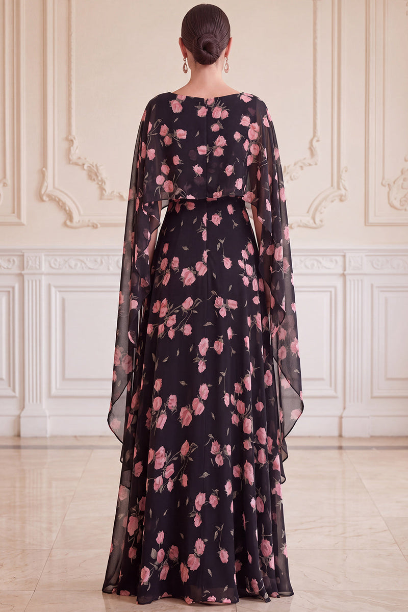 Load image into Gallery viewer, A Line Black Pink Flower Chiffon Long Mother of the Bride Dress with Cape