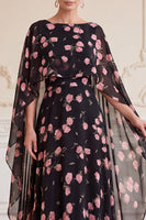 Load image into Gallery viewer, A Line Black Pink Flower Chiffon Long Mother of the Bride Dress with Cape