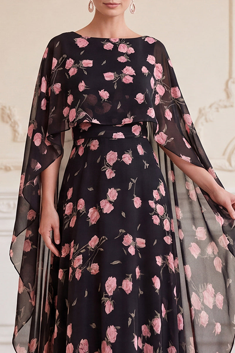 Load image into Gallery viewer, A Line Black Pink Flower Chiffon Long Mother of the Bride Dress with Cape
