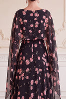 Load image into Gallery viewer, A Line Black Pink Flower Chiffon Long Mother of the Bride Dress with Cape