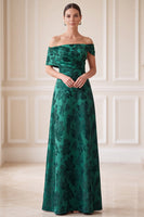 Load image into Gallery viewer, Dark Green A Line Floral Ruched Off the Shoulder Long Mother of the Bride Dress