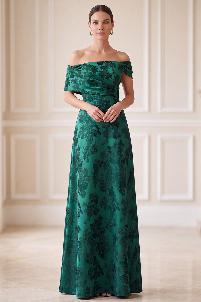 Load image into Gallery viewer, Dark Green A Line Floral Ruched Off the Shoulder Long Mother of the Bride Dress